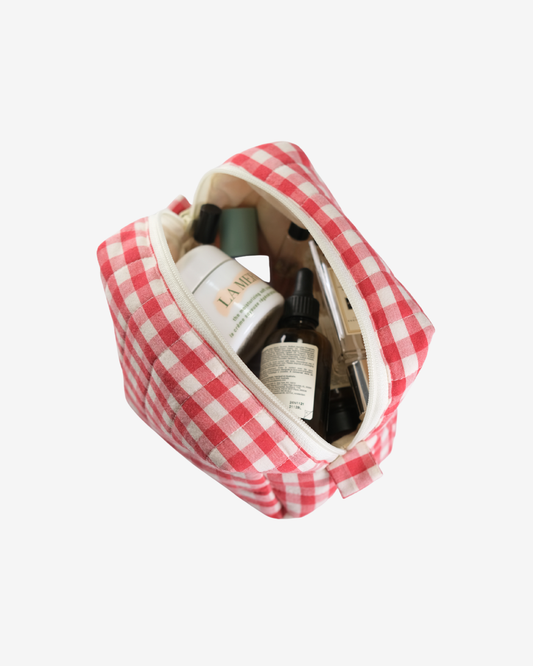 Cranberry Gingham Makeup Bag