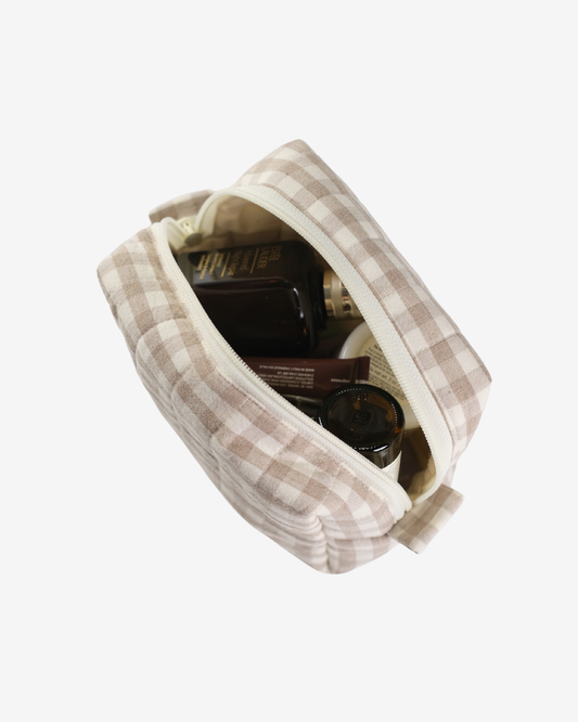 Latte Gingham Makeup Bag