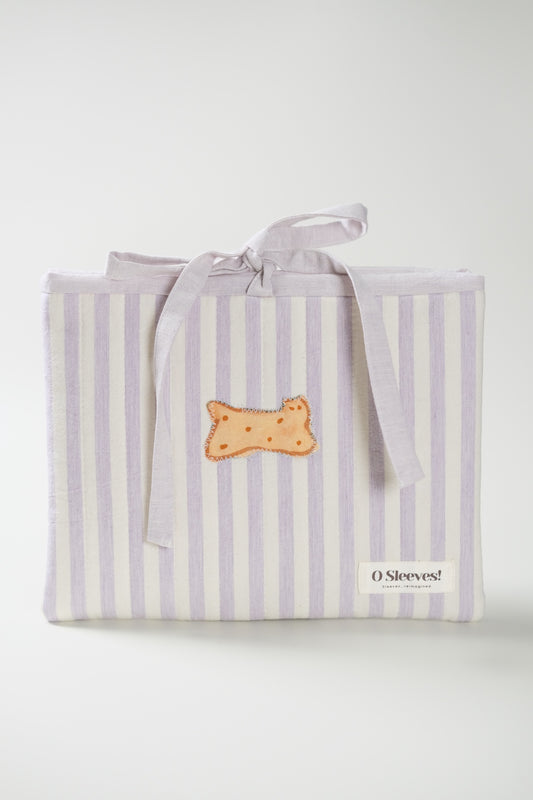 'Cat Cookies with Lavender Milk' Quilted Book Sleeve (Striped)