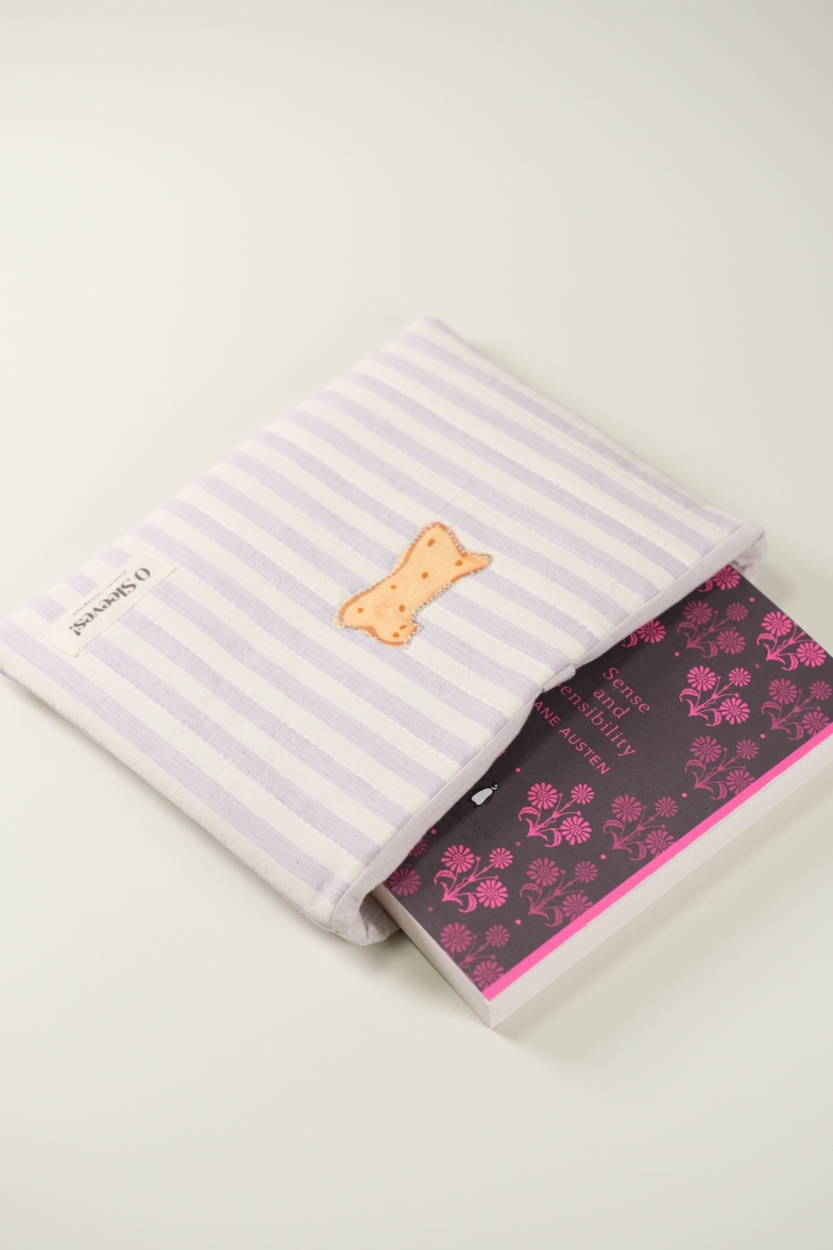 'Cat Cookies with Lavender Milk' Quilted Book Sleeve (Striped)