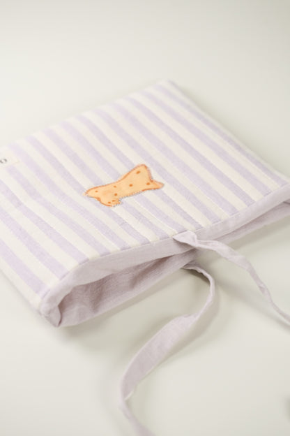 'Cat Cookies with Lavender Milk' Quilted Book Sleeve (Striped)