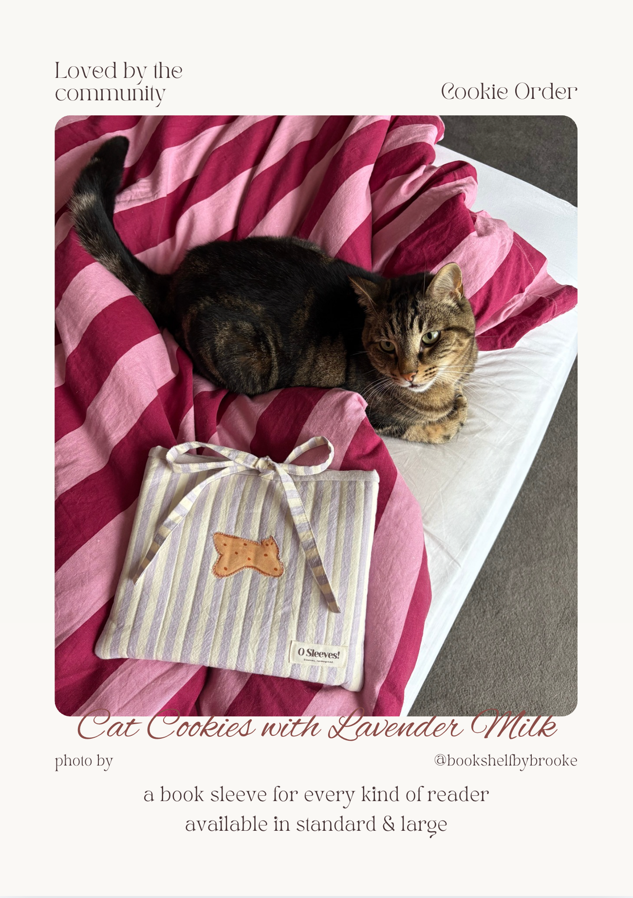 'Cat Cookies with Lavender Milk' Quilted Book Sleeve (Striped) - O Sleeves!
